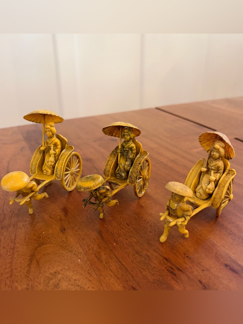 Vintage Celluloid Japanese Rickshaw Figurine Lot of 3 Geisha Parasol Mini 1940s